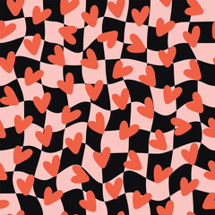 Wall Mural - Retro abstract seamless pattern with red hearts on a wavy checkered background. Groovy romantic print  for Valentine day. Vector illustration