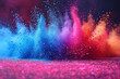 Handfuls of red, blue, and purple Holi powders thrown into the air, falling like a colorful rain for the Holi, festival