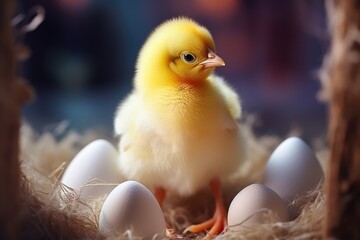 Wall Mural - Cute little chick crawling out of a white egg isolated on a studio dark background. Easter