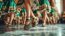 Several Dancers Perform A Traditional Irish Dance In Honor Of St. Patrick's Day. The Emphasis Is On The Dancers' Feet