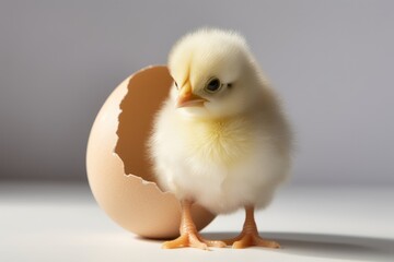 Cute little chick crawling out of a white egg isolated on a studio dark background. Easter