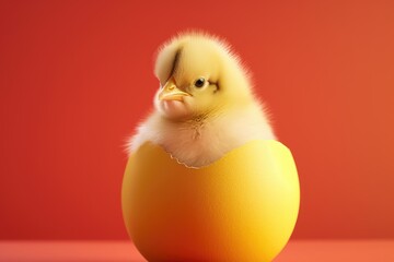 Wall Mural - Cute little chick crawling out of a white egg isolated on a studio dark background. Easter