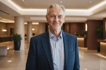 Wall Mural - portrait of old age white businessman in modern hotel lobby