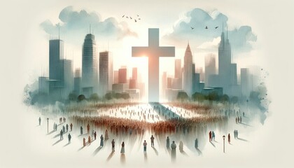 Wall Mural - Cross in the city with silhouettes of people. Religious concept. Digital watercolor painting.