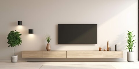  Minimalistic ed living room with cream wall and TV cabinet.
