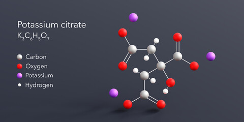 Poster - potassium citrate molecule 3d rendering, flat molecular structure with chemical formula and atoms color coding