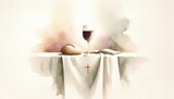 Fototapeta  - Eucharistic symbols. Lord's supper symbols: Bible, wine glass and bread on the table. Digital watercolor painting.