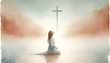 Wall Mural - Young woman kneeling and looking at the cross. Digital watercolor painting.