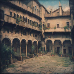Wall Mural - Vintage style picture of the courtyard of an old medieval building. Courtyard surrounded by stone constructions. Ancient grey tone etching style art