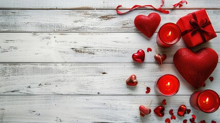 Poster - Wooden white background with red hearts, gifts and candles. The concept of Valentine Day