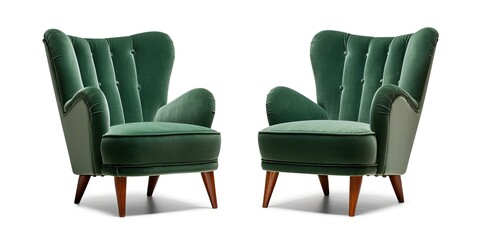 Poster - Pair of vintage green velvet armchairs with wooden legs, isolated on white background.