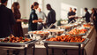 Group of people on catering buffet food indoor in restaurant with grilled meat. Buffet service for any festive event, party or wedding reception. digital ai