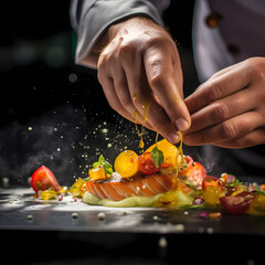 Wall Mural - Close-up of a chefs hands preparing a gourmet dish