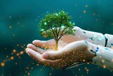 Fototapeta  - Eco tech alliance Tree in human hand and robotic hands symbolizes unity