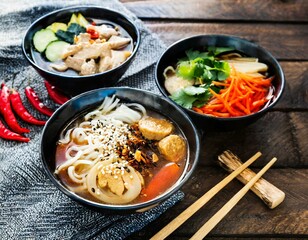 Wall Mural - Bowls of Asian soup noodles and vegetables with Chopstick 