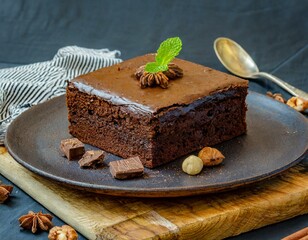 Wall Mural - Chocolate Brownie cake on a dark plate