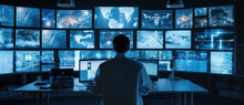 A Vigilant Analyst Monitors A Wall Of Surveillance Screens Displaying Various Live Feeds, Poised In A Darkened Control Room, The Epitome Of Modern Surveillance