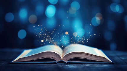 Magic book with open pages and abstract bokeh lights glowing on blue background - literature and education concept. new year and holiday