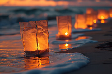 Sticker - A tranquil sunset memorial service held at the beach - with sand lanterns lighting up the shore - gentle waves adding to the peaceful ambiance