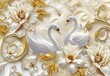 Wallpaper gold and white swans, in the style of photorealistic compositions, delicate flowers, 32k uhd, modern jewelry, colorful woodcarvings, elegant realism.