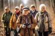 A spirited group of seniors engaged in a bird-watching excursion, appreciating the beauty of nature and fostering a sense of environmental awareness.