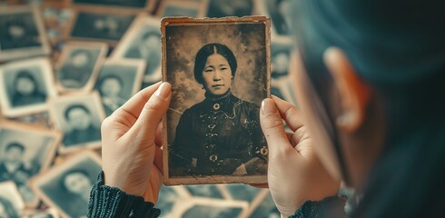 Hands holding an old image of a woman. Concept of memory and history.