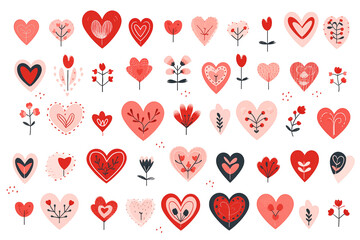Wall Mural - Set of different hearts and plants isolated on white background. Clipart bundle, hand drawn set