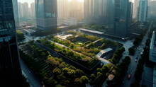 A Modern, Minimalist Urban Park With A Landscape That Blends In Perfectly With The Surrounding Urban Fabric Is Tucked Away Among Tall Towers.