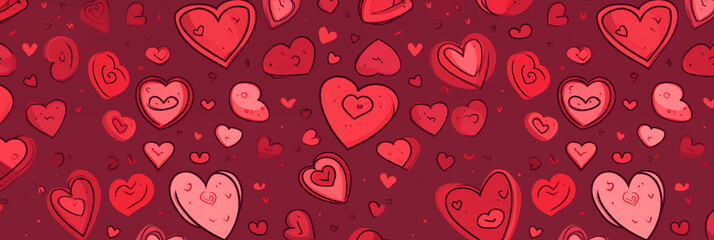 Wall Mural - Valentines day abstract red hearts background banner, scandinavian style illustration, artistic doodle. Panoramic web header with copy space. Wide screen wallpaper