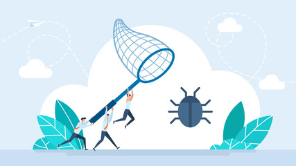 Bug, beetle. Find errors, software testing concept. Code and bug review, debugging, website testing, vulnerability identification and fixing. Cartoon minimal style. Flat illustration.