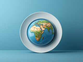 Wall Mural - Globe on a plate for food on a blue background. Power, economy