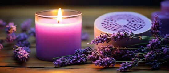 Wall Mural - Closeup of a lavender-scented candle in a glass and heart-shaped candle with lavender flowers burning.