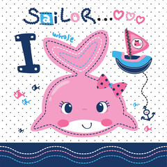 Wall Mural - Cute cartoon pink whale girl wearing bow with nautical theme on polka dot background illustration vector