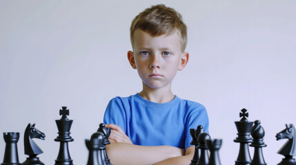 Wall Mural - A boy of 10 years old thinking about a game of chess on a white background, children's chess league