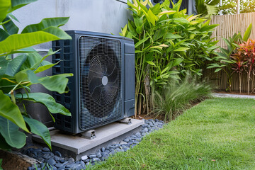 Canvas Print - A heat pump unit located in a residential backyard - representing an eco-friendly heating solution as part of a sustainable home system.