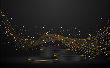 black podium with elegant gold wave lines on the back for advertisement display. display of cosmetic