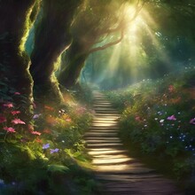 AI Generated Illustration Of Sunlit Pathway Through Trees On A Serene Morning