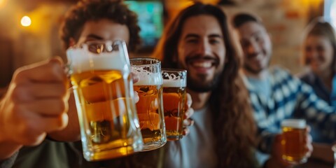  friends clinking glasses of beer at a bar Generative AI
