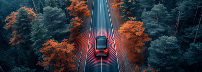 Wall Mural - Car in Motion with Visible Safety Systems Activated