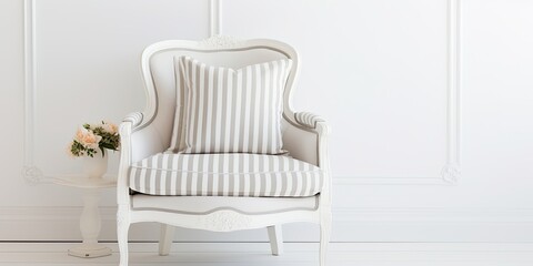 Poster - White antique chair with striped pillow.