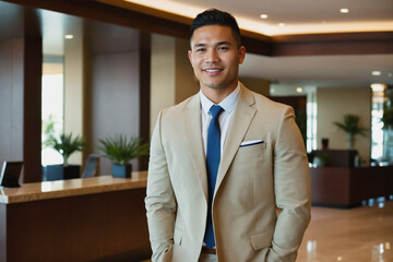 Wall Mural - young age pacific islander businessman standing in modern hotel lobby