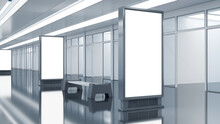 Blank White Glowing Signboard Mockup And Bench In The Shopping Mall Hall, Store Facades With Storefronts. 3d Illustration