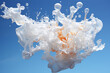 surealist splash of milk, diffusion of a drop of white and orange ink in water, shape of a floating cloud isolated on black background