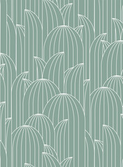 Art deco oval leafy geometrical seamless pattern drawing in turquoise palette.