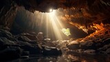 Fototapeta Natura - beautiful cave with a small lake and a ray of sun entering in high definition