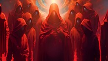 Group Of Mystery People In A Red Hooded Cloaks