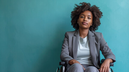 Wall Mural - Dark-skinned girl in a business suit sits in a wheelchair on a blue background