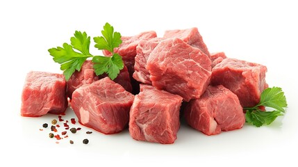 isolated illustration of fresh beef cubes with parsley 