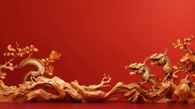 Golden Chinese Wooden Dragon Statue In Red Background. Religion And Culture Of Chinese New Year 2024 Concept.