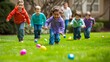 Kids joyfully engaging in an Easter egg rolling competition on a grassy hill, the colorful eggs gliding down with cheerful expressions